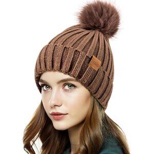 Women's Winter Dark Brown Beanie Fleece Lined Skull Faux Fur Pom Cuff Hat Cap